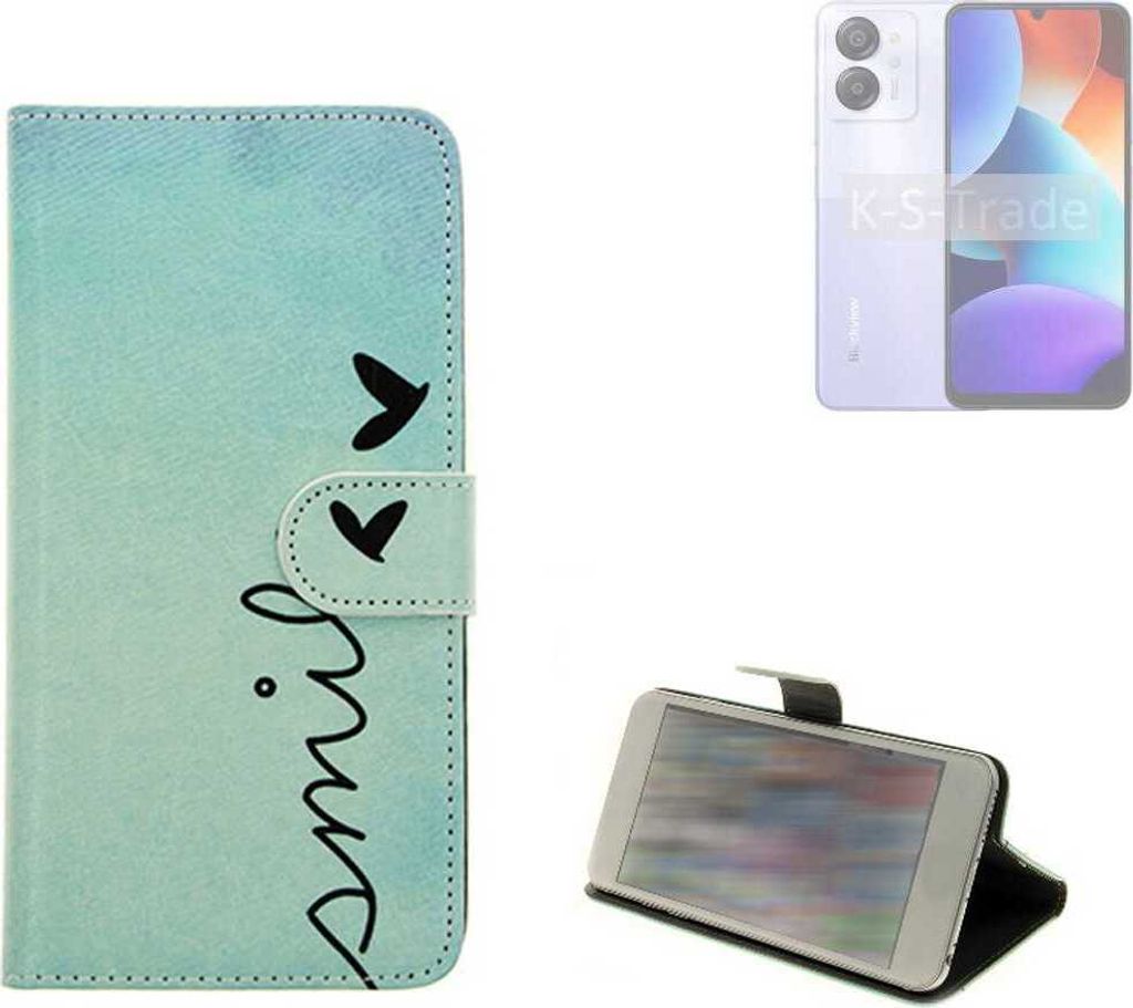 K-S-Trade Schutz Hülle Handy Hülle kompatibel mit Blackview Color 8 Hülle Handyhülle cover bookstyle Etui Handyhülle “smile“ türkis
