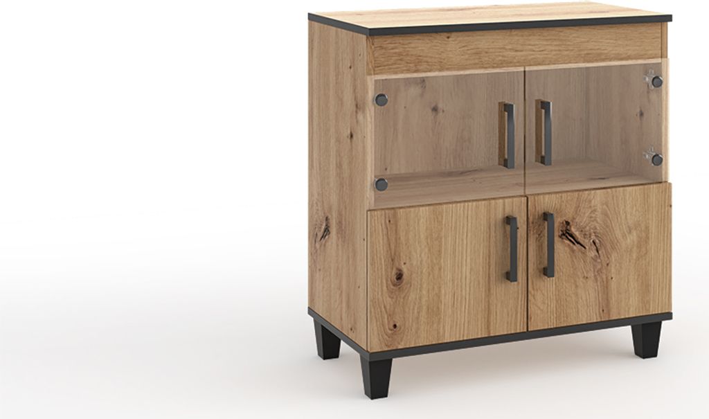 Vitrine Vanessa VI niedriger Schrank Glas Bar Schränke Regal Holz Möbel Wohnzimmer Glastür mit Holzbeine Wohnzimmerschrank (Eiche Artisan und sc...