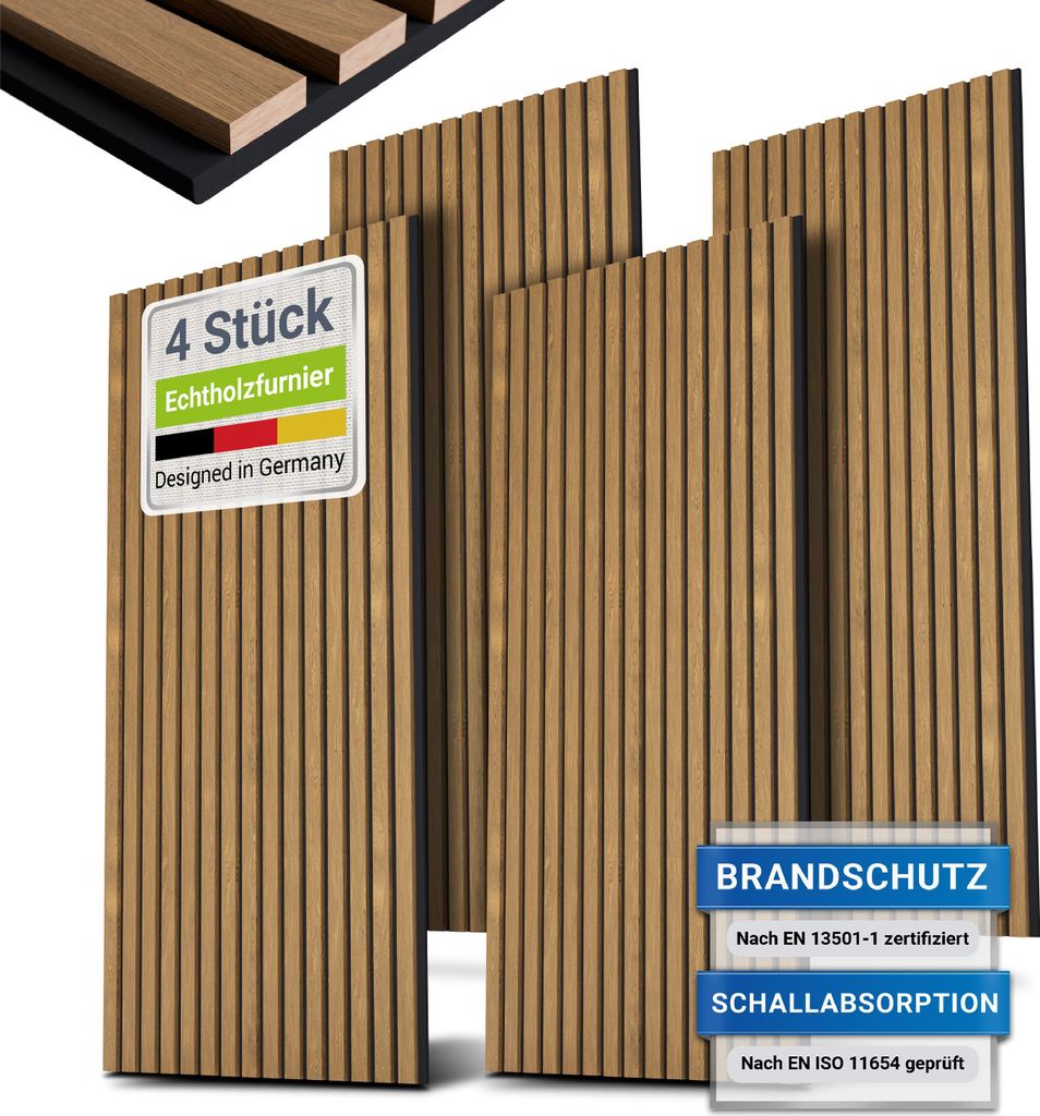 Juskys Wandpaneele Akustik 4er Set 2,88 qm - Verbesserte Akustik durch schallabsorbierende Materialien - Eiche Natur Dunkel