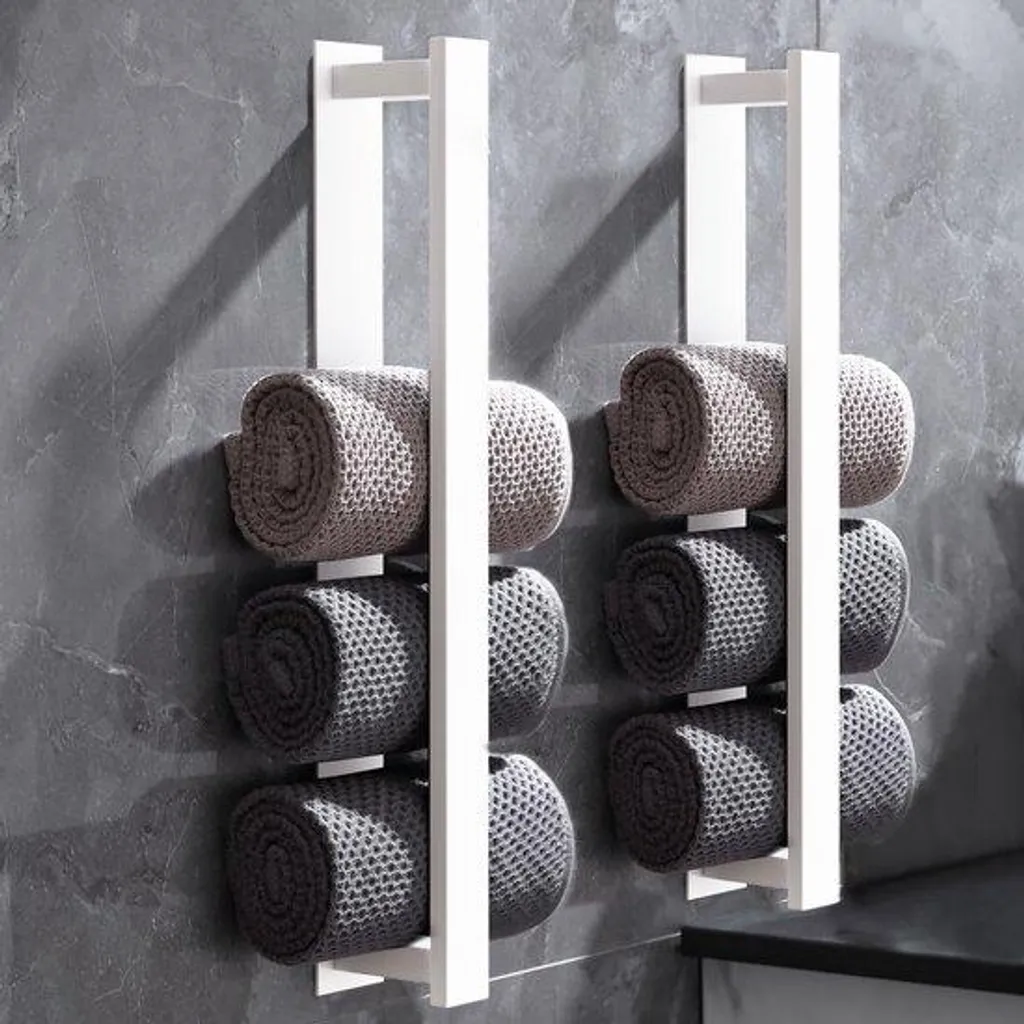 Porte-serviettes blanc 2 parties en acier inox argent brossé mural