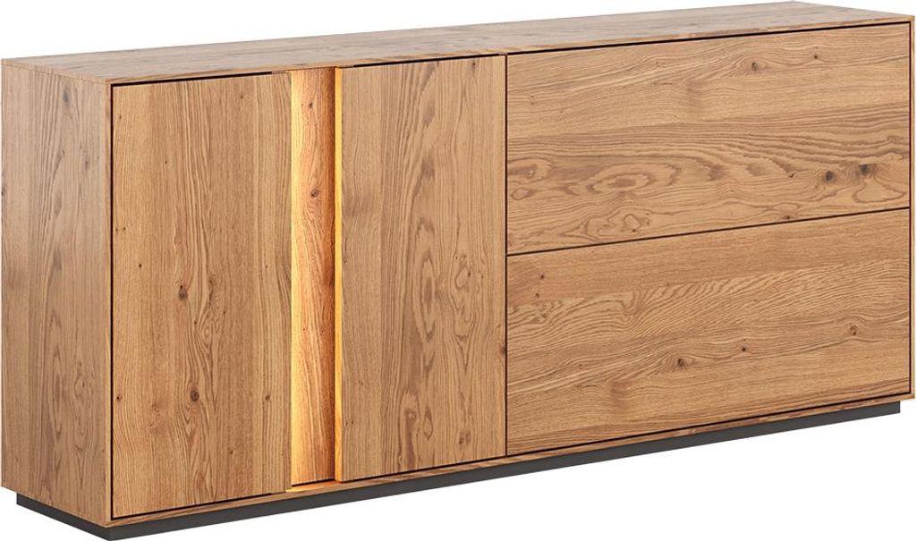 Wohnzimmer Sideboard mit 185 cm Breite in Eiche massiv geölt, 2 Türen, 2 Schubladen, inkl. LED-Beleuchtung - CARISOLO-163