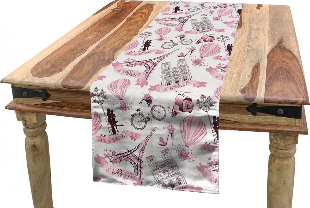 ABAKUHAUS Eiffel Tischläufer, Liebe in Paris Braut Rosa, Esszimmer Küche Rechteckiger Dekorativer Tischläufer, 40 x 180 cm, Rose Schwarz Weiß
