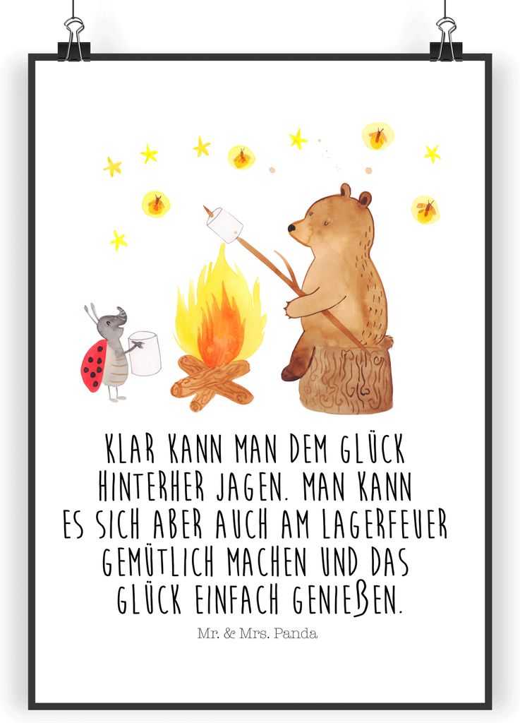 Mr. & Mrs. Panda Bild Bär & Marienkäfer Lagerfeuer DIN A4 - Weiß - Geschenk, kunstdruck poster, wanddeko, drucke, Wandbild, Teddy, Wanddekoration