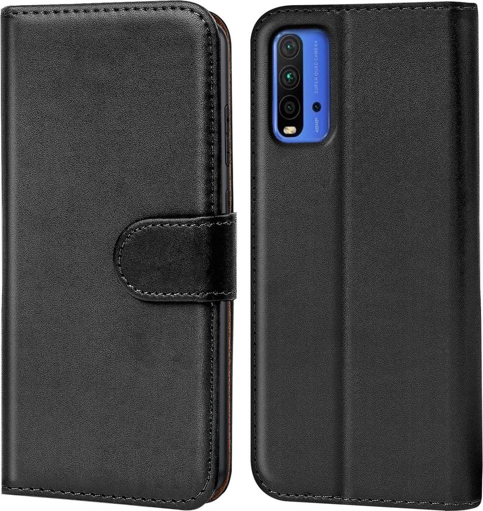A black flip case for a smartphone is shown from the front and back.