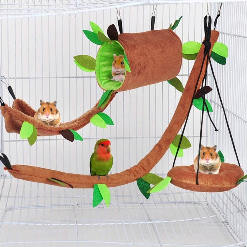 Hängematte für Hamster und andere kleine Tiere - 7 Stück inklusive warmem Bett, Haus, Käfignest-Zubehör, hängendem Tunnel, Schaukel, Seilbahn...