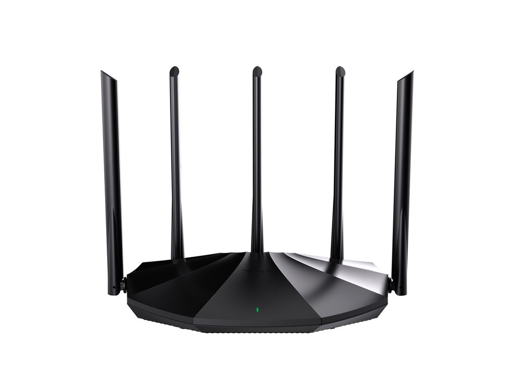 A black Tenda TX2 Pro WLAN-Router is shown against a white background.