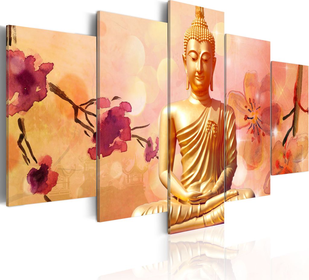 Leinwandbilder Buddha 200x100 cm Vlies Leinwandbild 5 tlg Kunstdruck modern Wandbilder XXL Wanddekoration Design Wand Bild - Feng Shui bokeh Blumen...