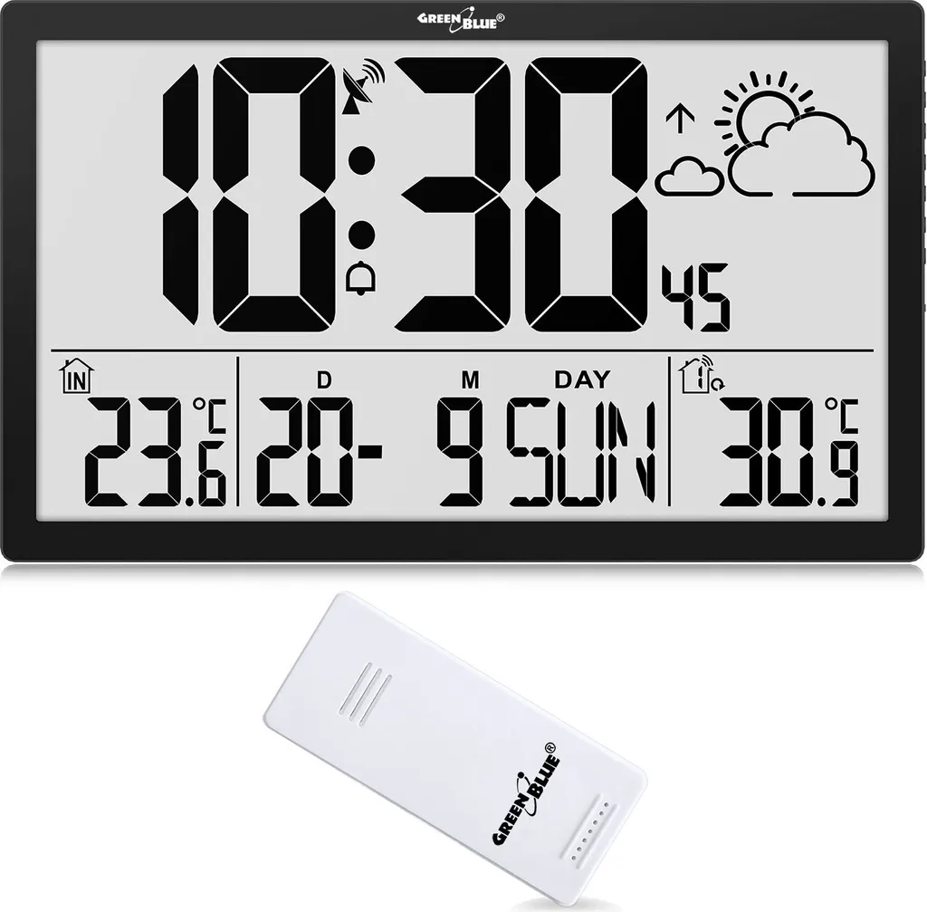 Grande horloge murale LCD avec thermomètre et sonde extérieure sans fil