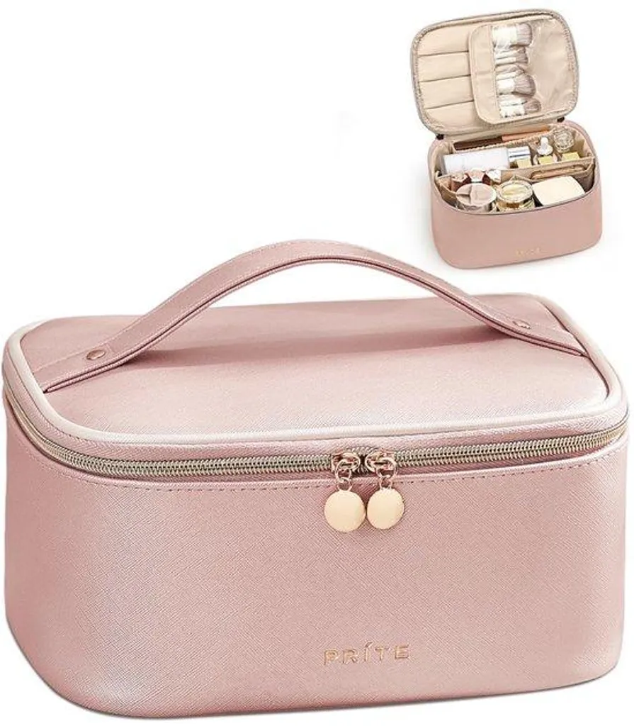 Trousse de toilette femme avec séparateur intérieur et poignée en cuir