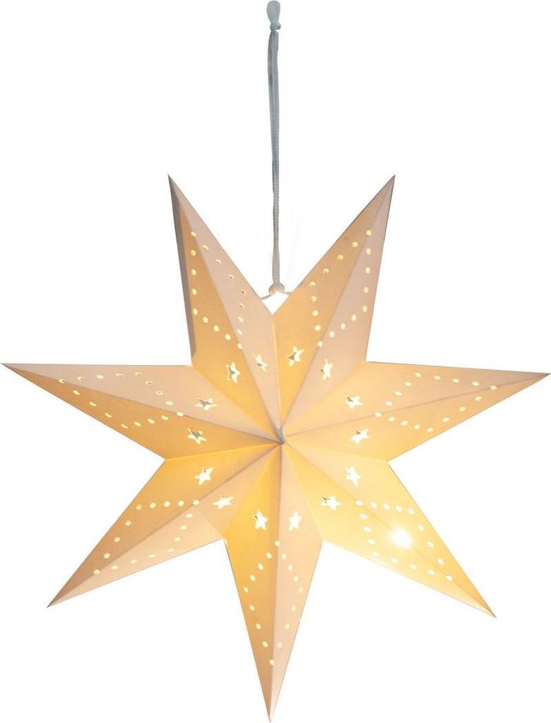 A white paper star lantern with small cutouts, illuminated from within, hanging from a thin string.