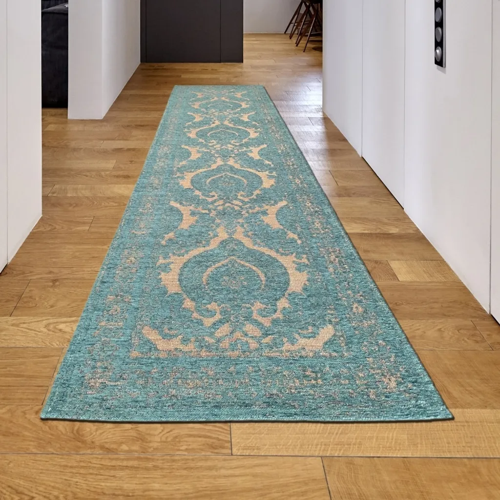 Tapis marocain ornementé pétrole - or 80x300 cm en velours résistant