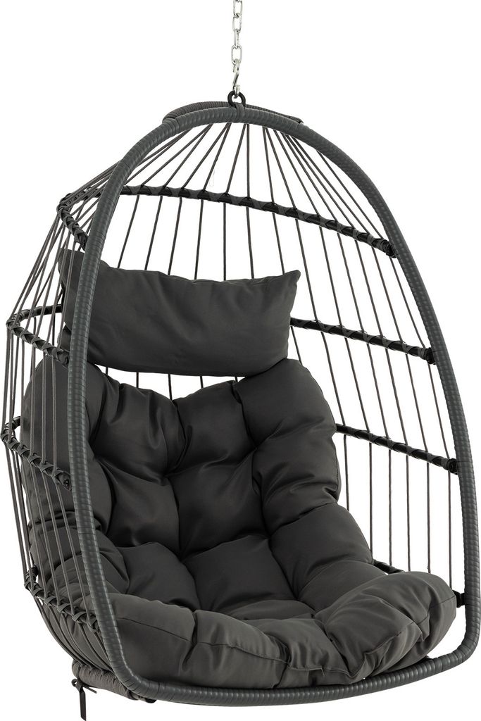 A hanging egg chair with cushions, isolated on a white background.