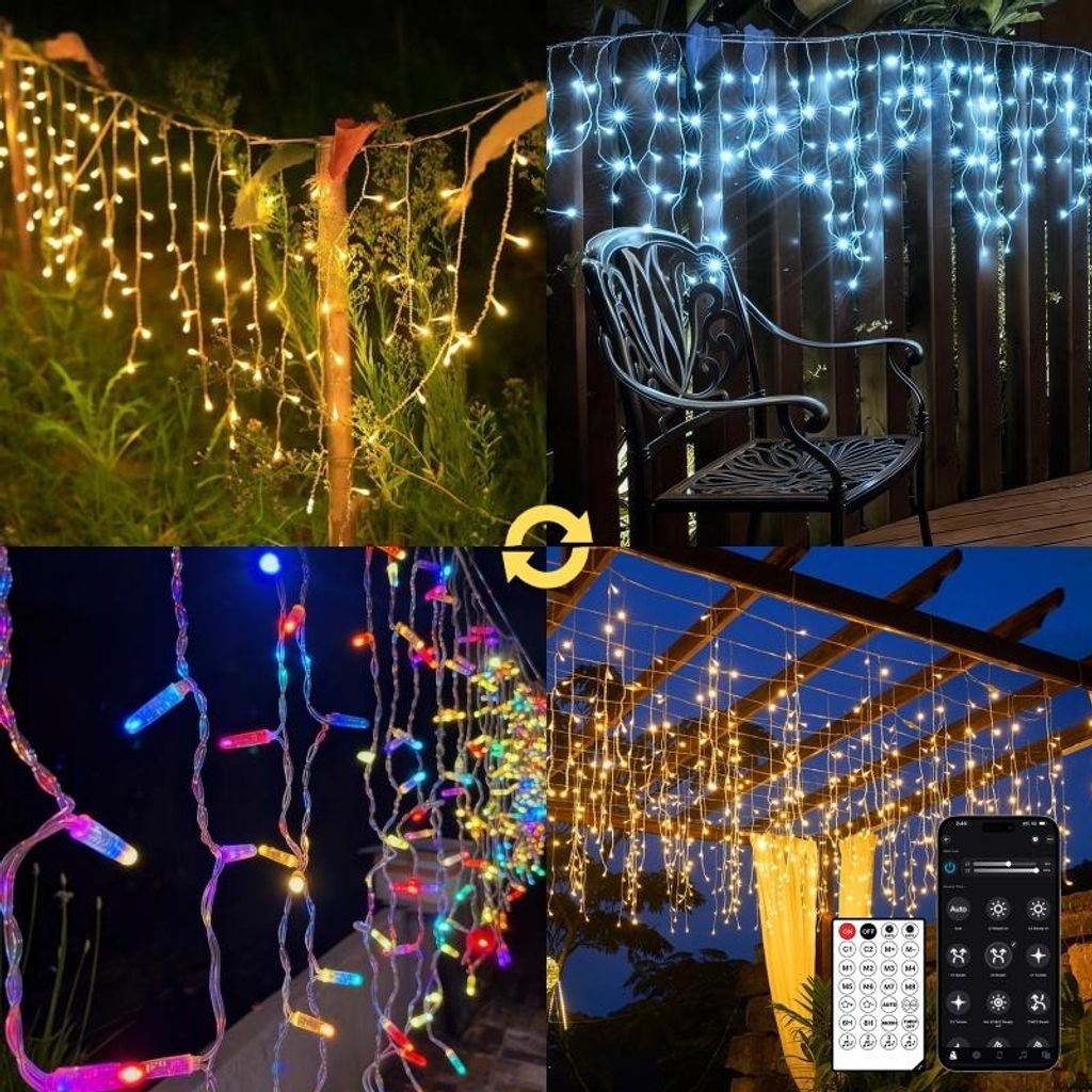 A collage of four images showing outdoor string lights in different colors and settings, including a remote control and app interface.