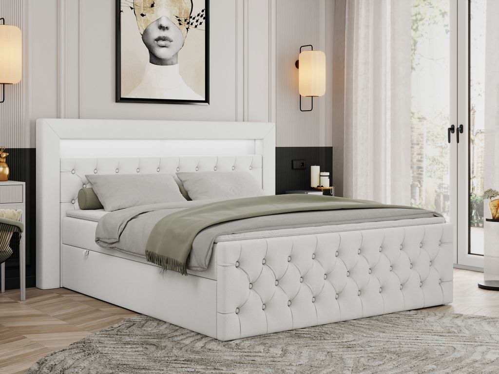 Boxspringbett 160x200 mit Led, Polsterbett 160x200 mit LED Kopfteil - Multipocket-Matratze H3 - Doppelbett mit Bettkasten Stauraumbet - GOLD-9 - 16...
