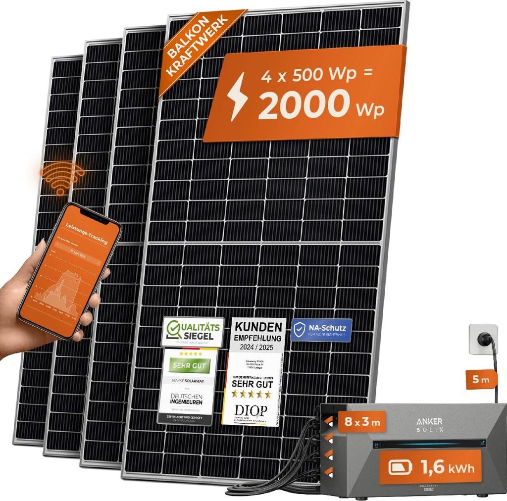 Produktbild von Solarway All-in-One Balkonkraftwerk Mit 3,2 KWh Speicher – 2000W, 800W Einspeisung, 4x 500W Module + Anker Solix 2 PRO – Komplettset Mit App-Steuerung