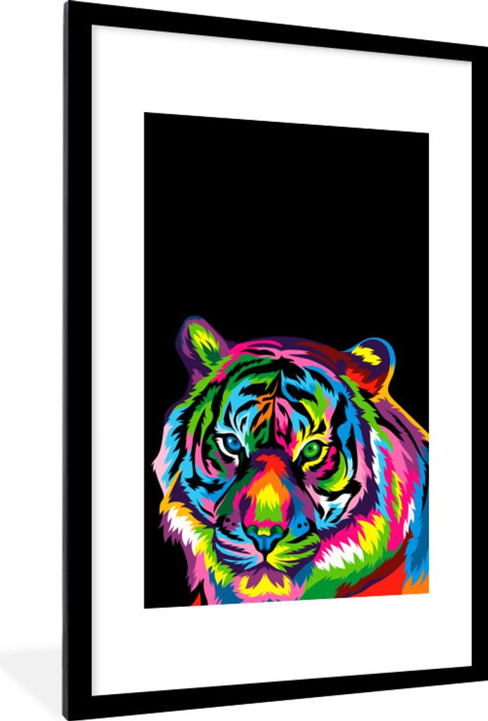 MuchoWow MuchoWow Gerahmtes Poster Tiger - Schwarz - Regenbogen 60x90 cm - Poster mit zchwarzem Bilderrahmen - Dekoration - Wandposter Wohnzimm...