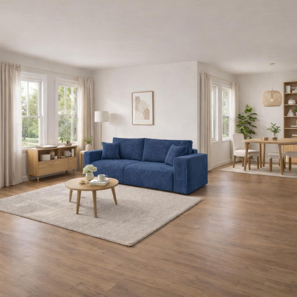 SONIC 3-Sitzer Schlafsofa mit Schlaffunktion & Bettkasten – Modernes Cord Sofa, Ausziehbare Couch mit Stauraum für Wohnzimmer, Blau POSO 005 | M...