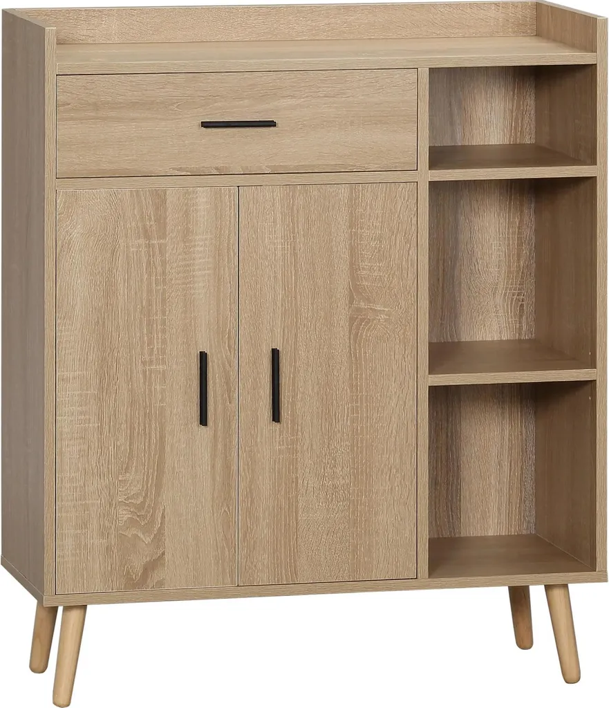 Buffet moderne 2 portes et niches ouvertes en bois mélaminé beige 96 cm