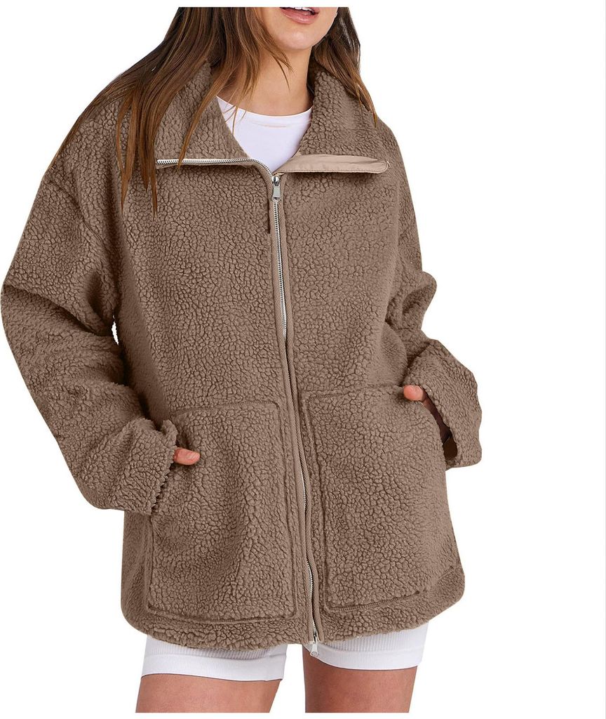 ASKSA Damen Jacke Teddyjacke Doppelschieber Reissverschluss Winter Fleecejacke Winterjacke Warme Teddyfleece Outdoor Casual Jacken mit Taschen (Kaf...