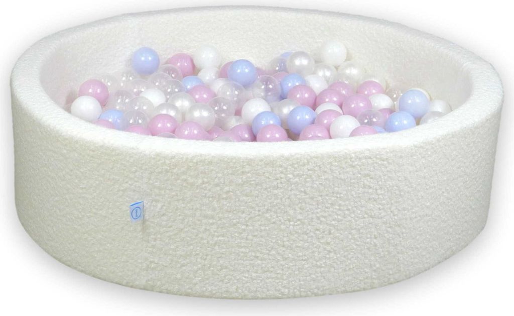 Bällebad 110x30 Boucle Weiß – Mit 400 Bällen / transparent, weiß, perlmutt, babyrosa perlmutt, babyblau perlmutt