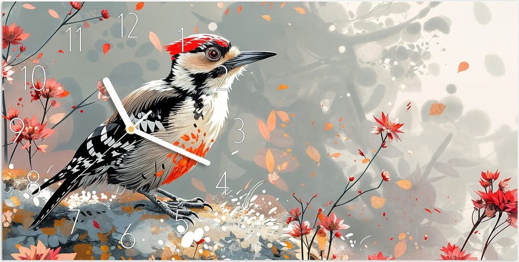 Wanduhr aus Glas mit Motiv Specht zwischen Blumen- 60 x 30 cm - inkl. Aufhängesystem