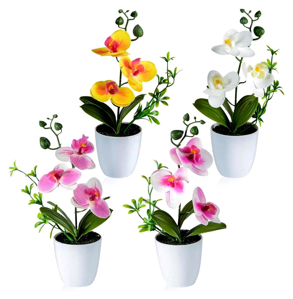 4 künstliche Orchideen - 27 cm Kunstblumen & -pflanzen, Phalaenopsis Kunstpflanze, Blumen im Topf, realistisch aussehende Kunstblumen, weiße und ...