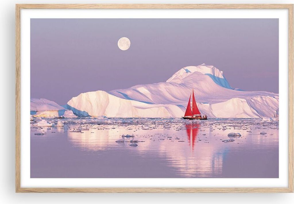 Gerahmtes Poster - Rahmen in heller Eiche - Segelschiff Mond Gletscher - 91,5x61 cm - Wand Bild - Wanddeko - Wandbilder - Kunstposter - Wandposter ...