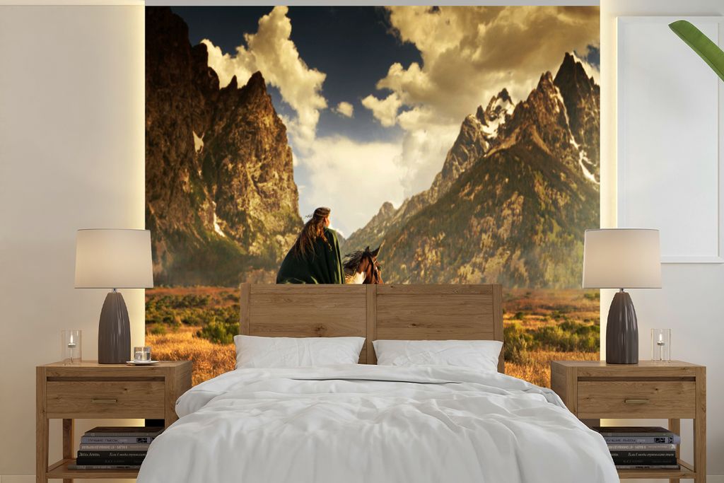 MuchoWow Fototapete für Wohnzimmer oder Schlafzimmer Wandtapete Vinyl Motivtapete Pferd - Reiter - Natur - 300x300 cm - Wanddekoration