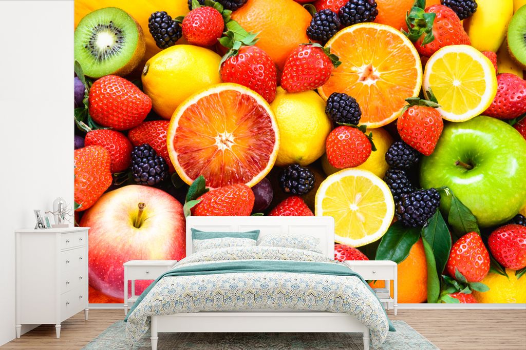MuchoWow Fototapete für Wohnzimmer oder Schlafzimmer Wandtapete Vinyl Motivtapete Erdbeere - Zitrone - Obst - 330x220 cm - Fototapeten