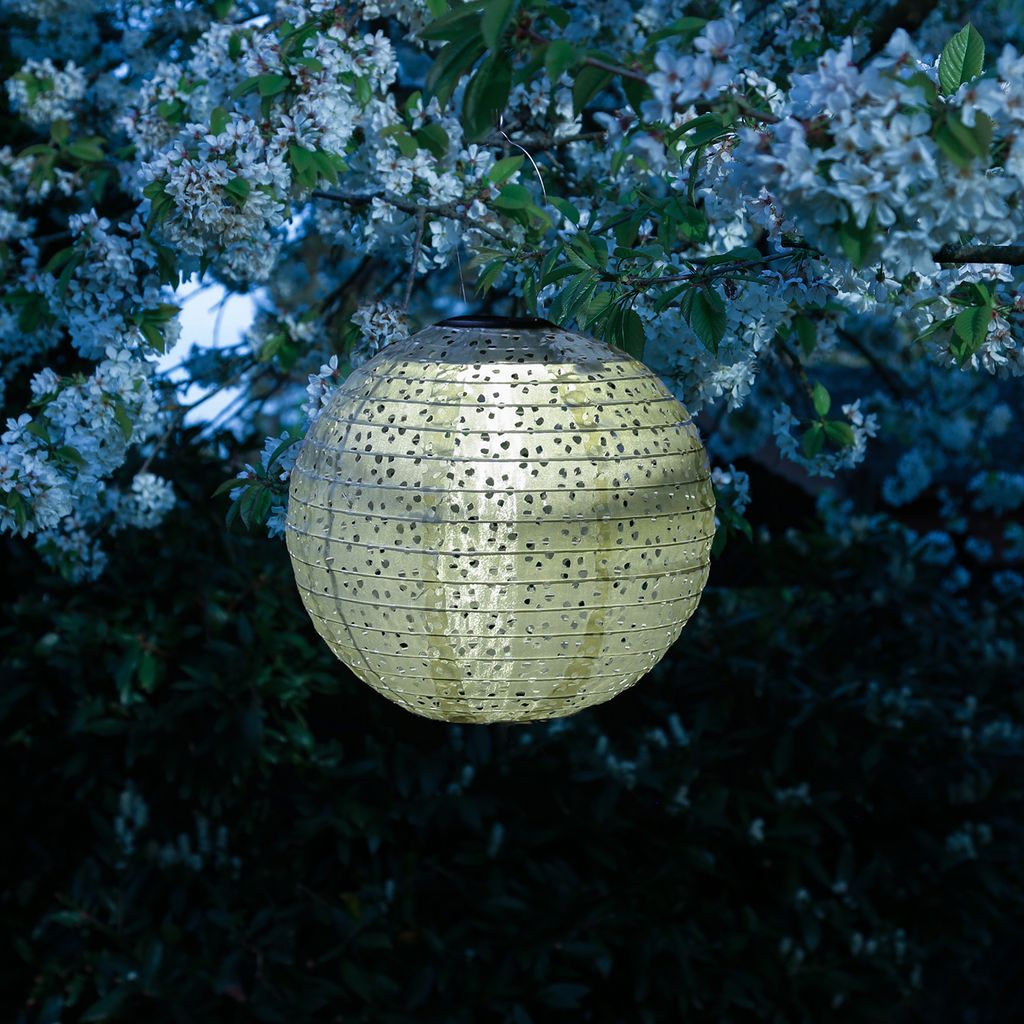 LED Solar Lampion - mit Blumenmuster - warmweiße LED - H: 25cm - D: 25cm - Lichtsensor - grün