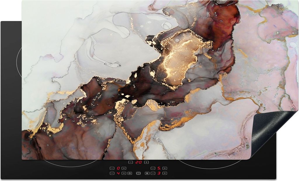 KitchenYeah Herdabdeckplatte Rot - Marmor - Gold , 91x52cm, Küche Deko, Glaskeramikkochfeld Herdabdeckung, Abdeckplatte fùr Kochfeld