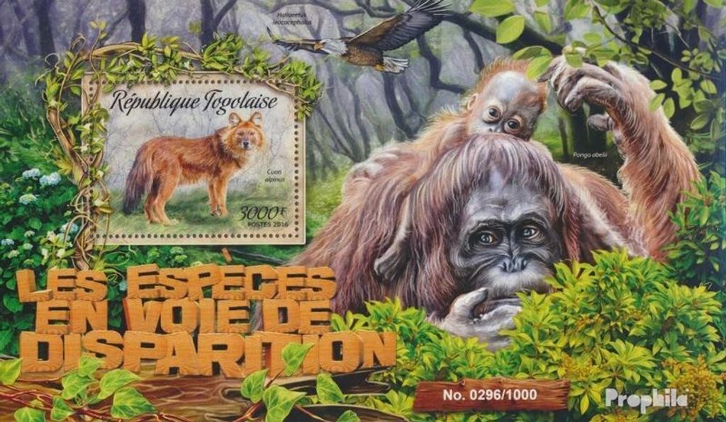 Briefmarken Togo 2016 Mi Block 1295 (kompl. Ausgabe) postfrisch Gefährdete Spezies