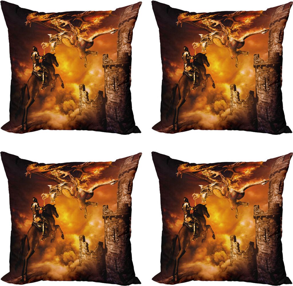ABAKUHAUS Modern Kissenbezug Set (4 Stück), Ritter auf Pferd, Moderner Doppelseitiger Digitaldruck, 60 cm x 60 cm, Schwarz und Marigold