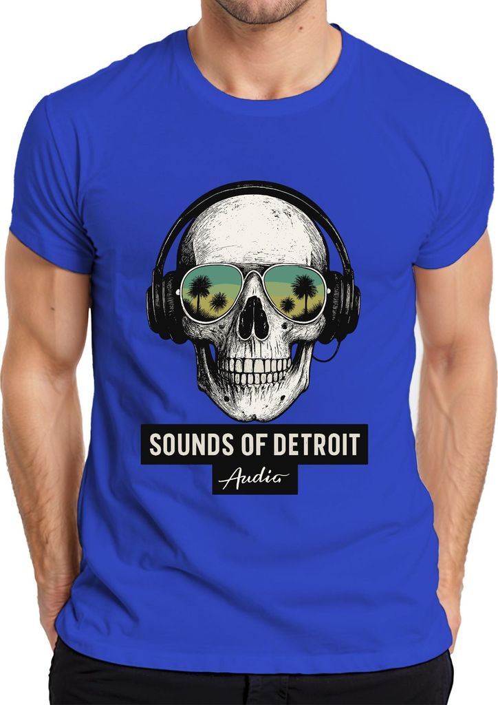 Sounds of Detroit Audio Totenkopf Kopfhörer Techno DJ Retro Club Herren T-Shirt, Blau, S