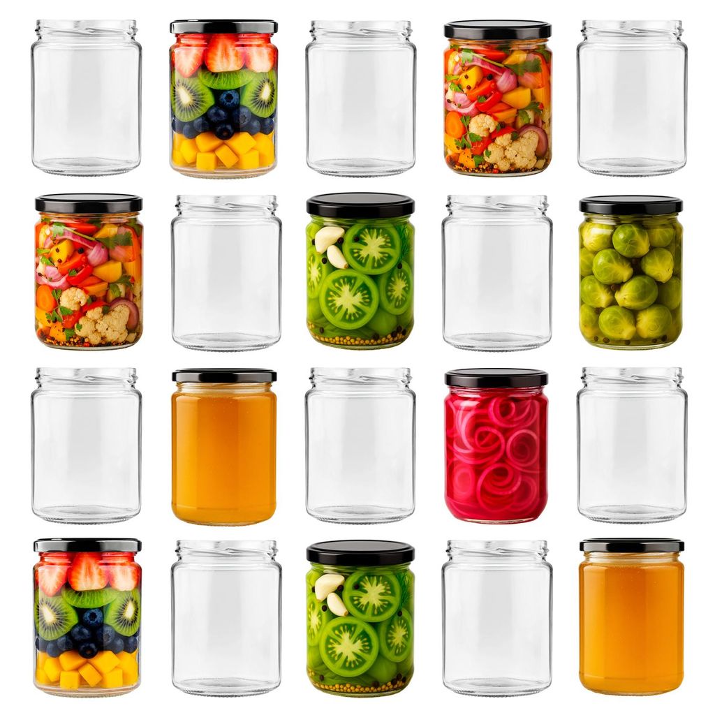 A grid of glass jars, some filled with food items and others empty.