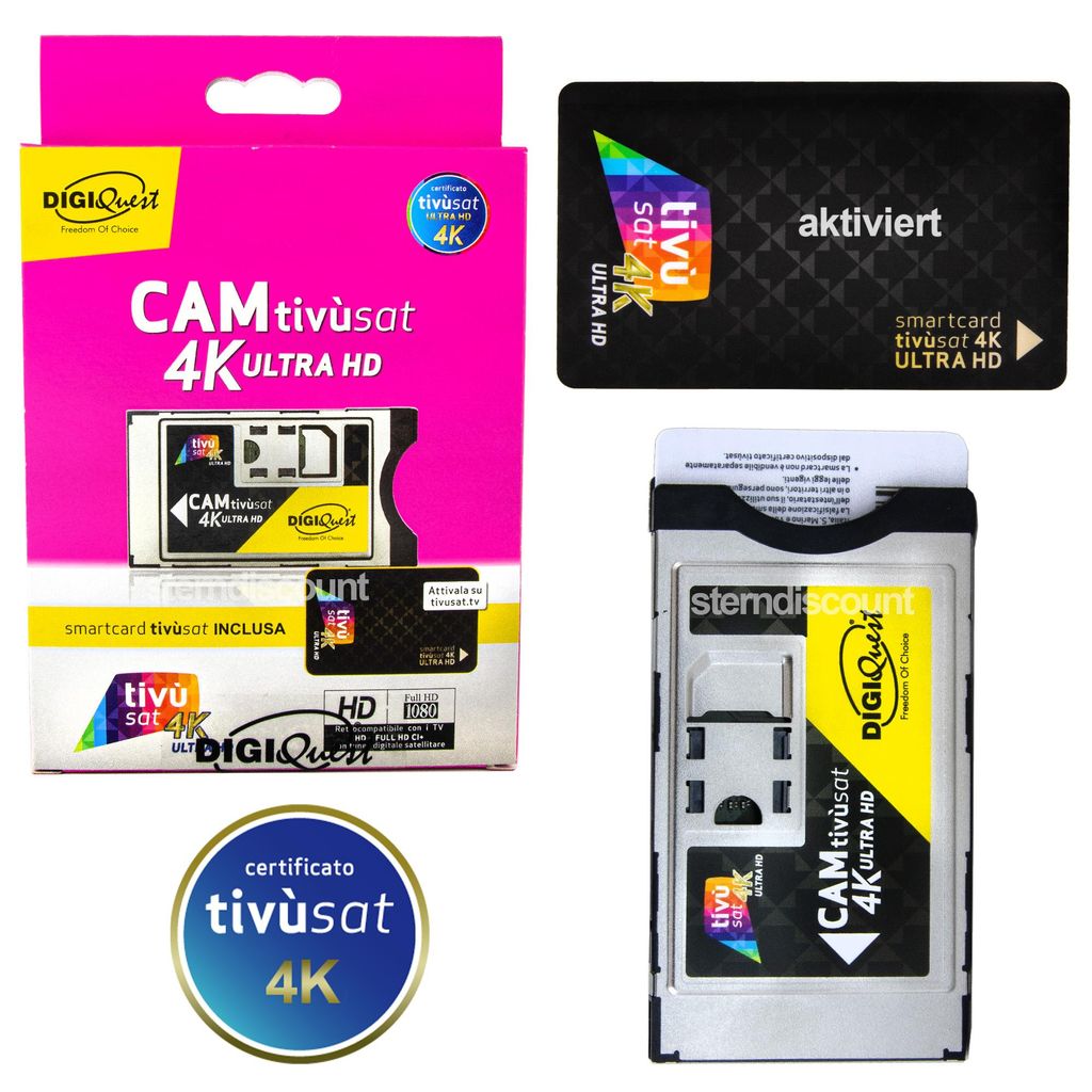 Tivusat Cam 4K UltraHD DigiQuest Tivusat Modul + Karte aktiviert RAI Mediaset italienische Smartcard NEUE Generation 2026 für Hotbird 13°E TVSAT CI+
