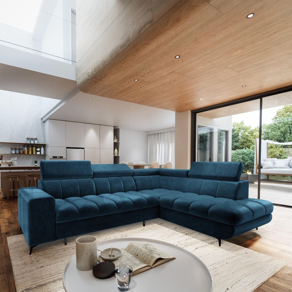 Masseno Ecksofa MORIVA R-S mit Schlaffunktion L-Form, Sofa mit Bettkasten, Wohnzimmersofa, Couch, Soffa, Bettsofa, Couchgarnitur- Blau, MONOLITH 77