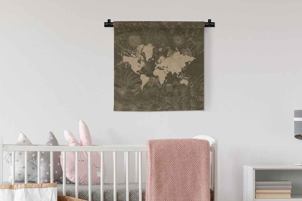 MuchoWow Wandteppich Wandbehang Weltkarte - Pflanzen - Braun 60x60 cm Tapisserie Dekoration Wandtuch - Dekorationen - Wand Decke