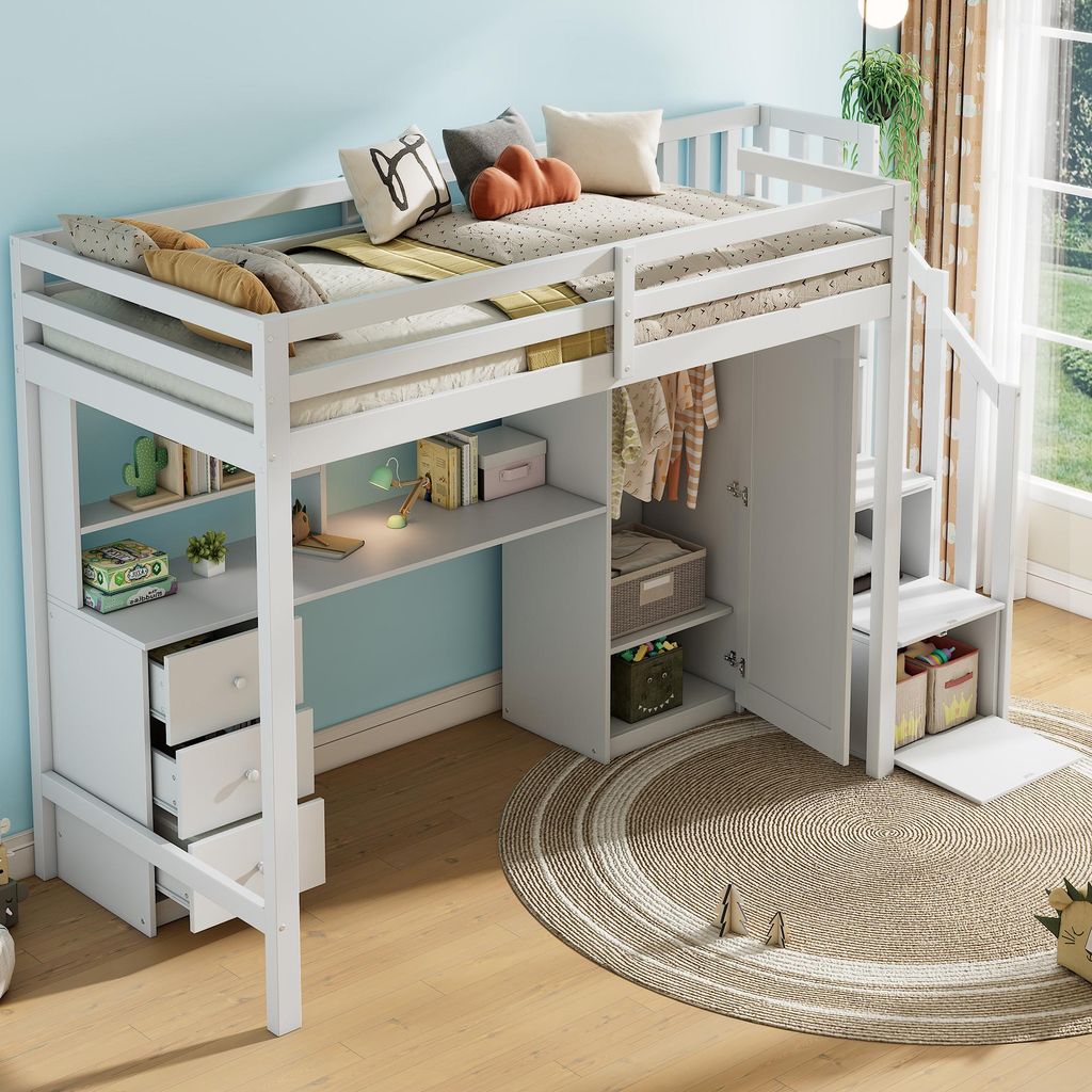 Sweiko Etagenbett mit Schreibtisch und Kleiderschrank, Treppe, multifunktionales Kinderbett, Kinderetagenbett, ausgestattet mit Schubladen und Trep...