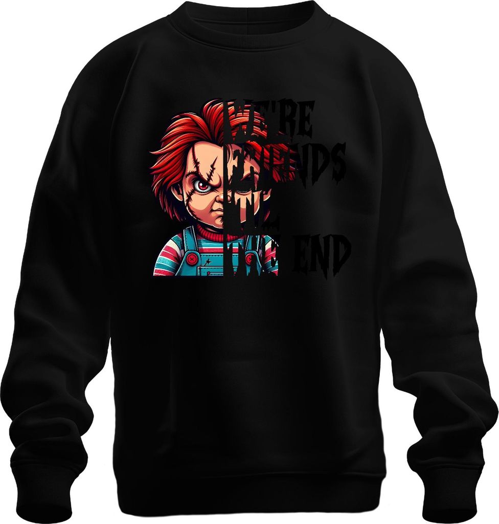 Chucky Puppe Horror Grusel Halloween Narbe Latzhose Rot Haar Uni Sweatshirt Pullover, Schwarz, XL