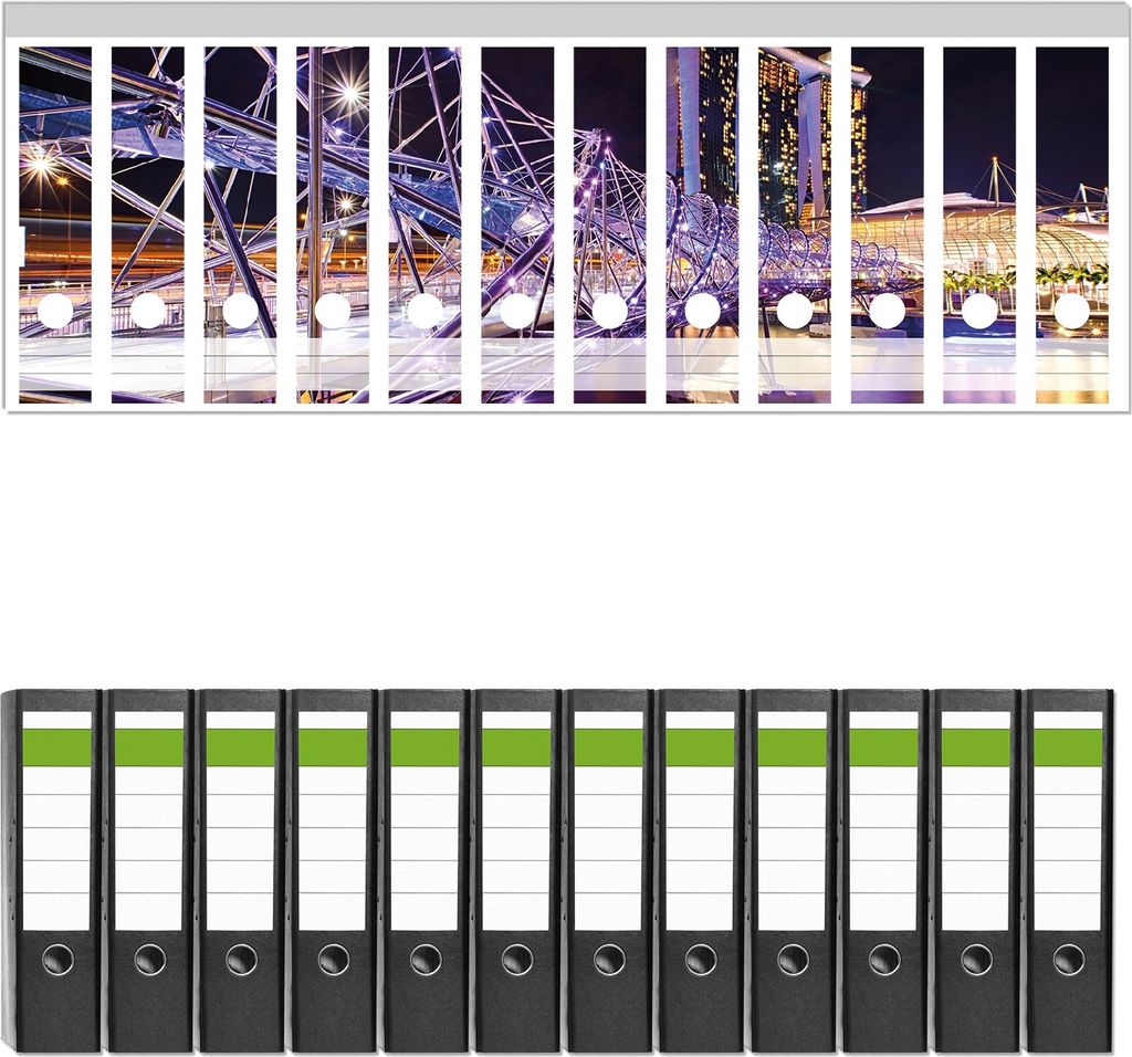 Wallario 12 Stück breite Ordner inkl. Klebeetiketten mit Motive Helix-Brücke in Singapur bei Nacht - Set mit Rückenschildern / Ordnerrücken Sti...