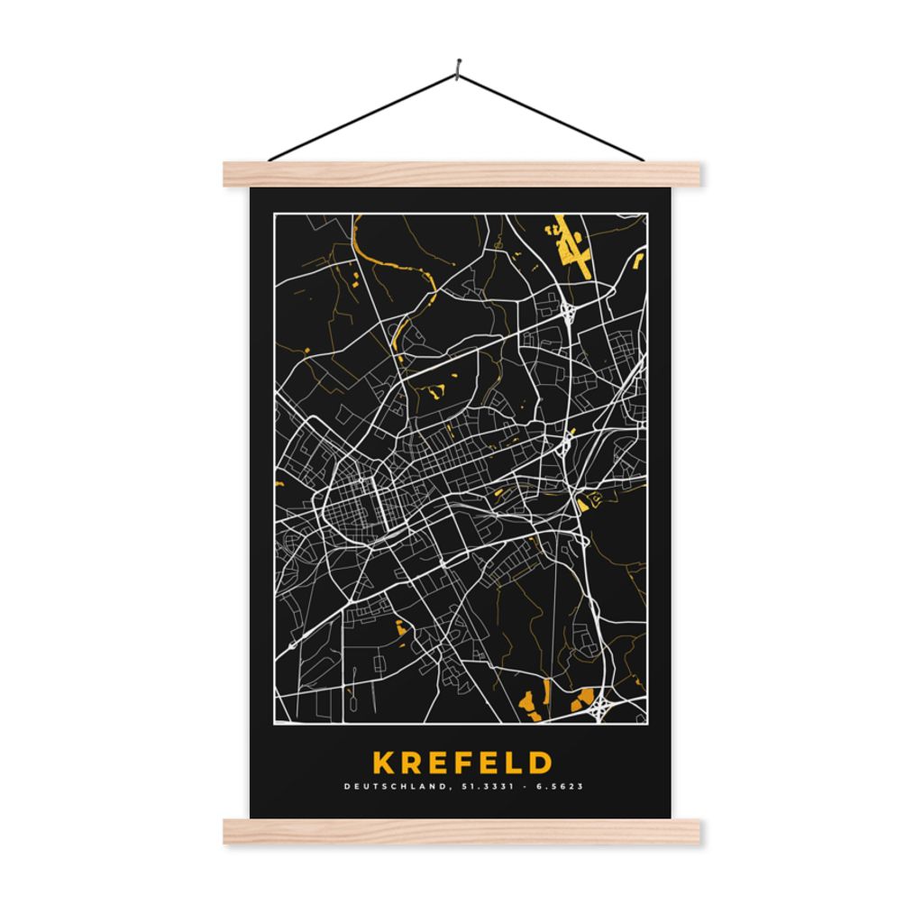 MuchoWow Textilposter Krefeld - Gold - Stadtplan - Karte - Deutschland 120x180 cm mit holzfarbenen Rahmen - Textil-Plakat