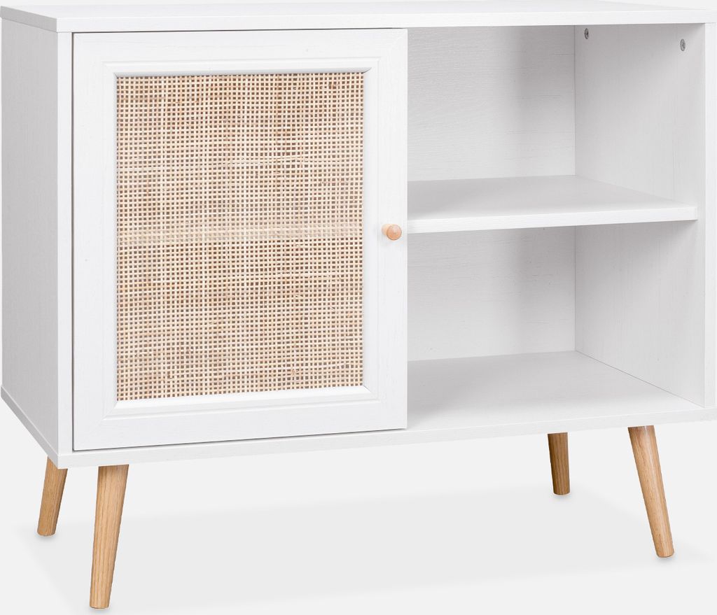 A white sideboard with a rattan door and wooden legs, shown against a white background.