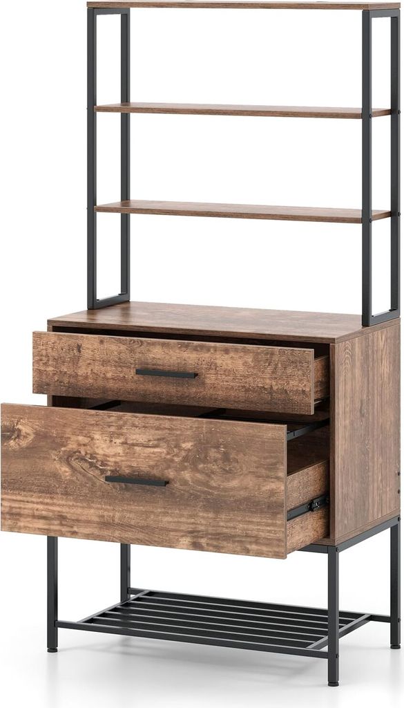 Hochregal, Druckerständer mit 4 offenen Regalen, 1 Ablagefläche und 2 Schubladen, Aktenschrank Bücherregal (Braun)