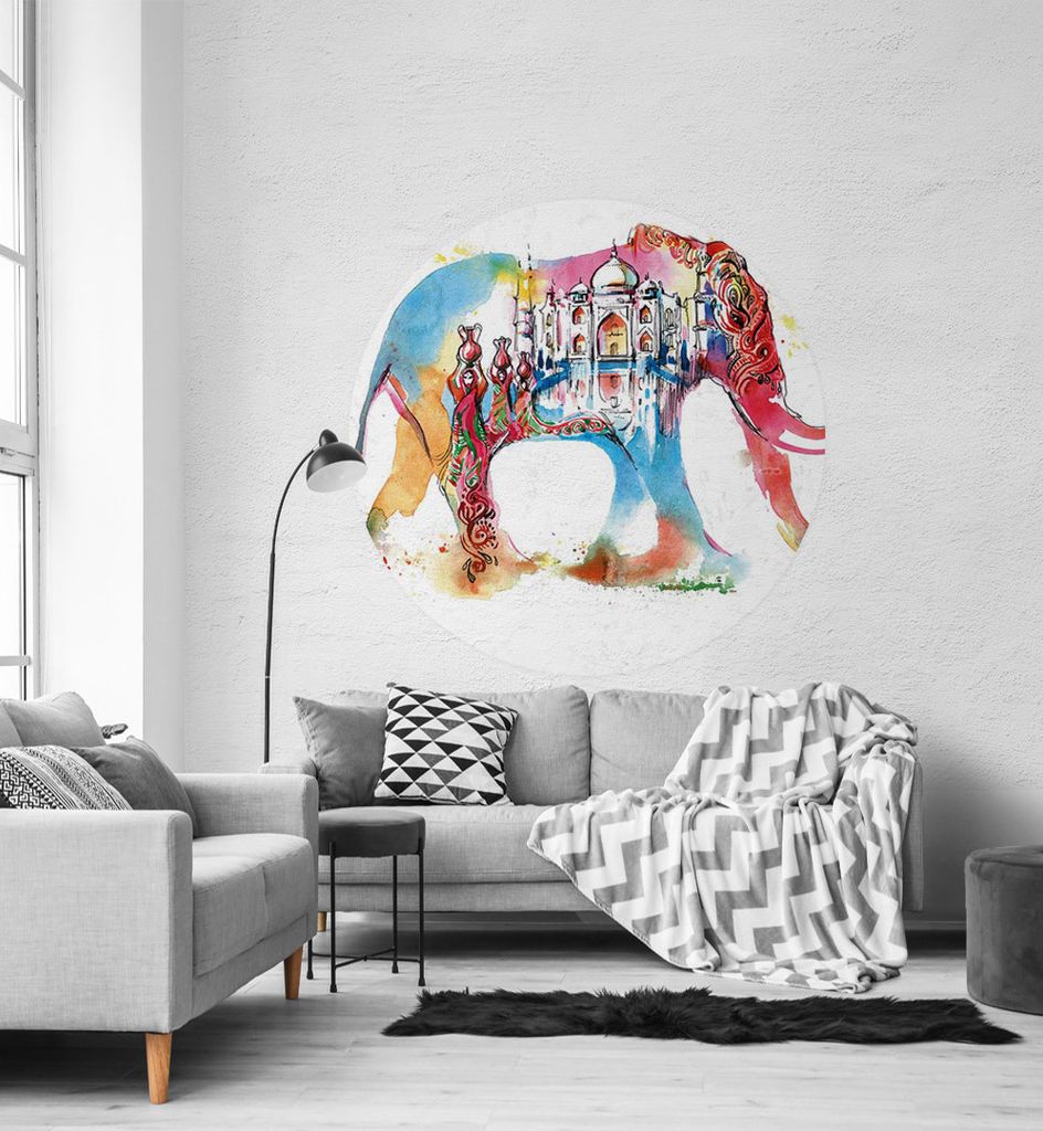 Fototapete Abstraktes Gemälde mit Elefant rund, Material:Premium Vlies 150g/qm, Größe Tapete:195cm rund