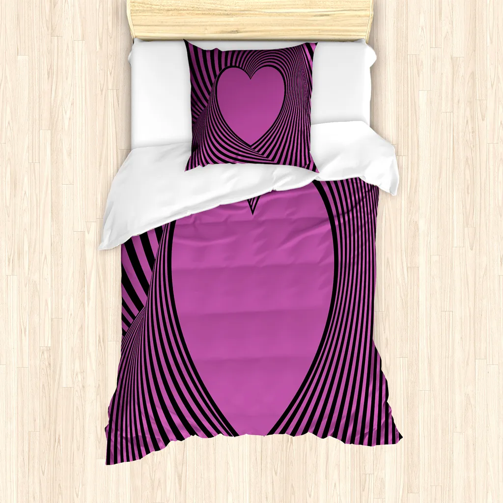 ABAKUHAUS Set copripiumino rosa zebrato per letti singoli, linee a forma di cuore, antiacaro, adatto a chi soffre di allergie, con federa, 135 cm x 200 cm - 80 x 80 cm, fucsia nero