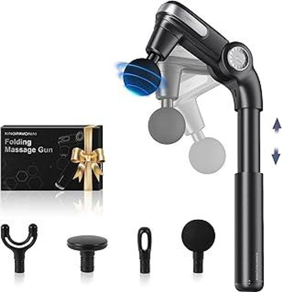 KingPavonini Massagepistole mit Ausziehbarem Griff & Klappbarem Kopf, Massage Gun Massagegerät Rücken mit 3 Verstellbaren Winkeln & 4 Massageköp...