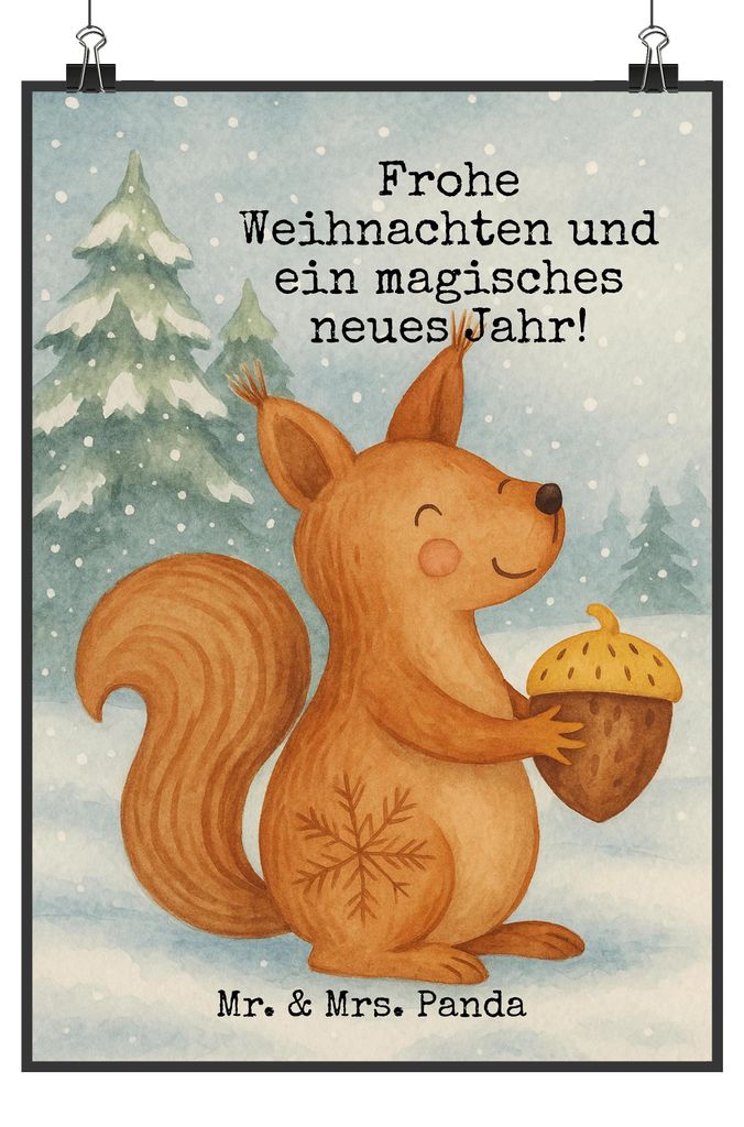 Mr. & Mrs. Panda Bild Eichhörnchen Weihnachten Design DIN A4 - Weiß - Geschenk, wanddeko, Guten Rutsch, Weihnachtsmotiv, Plakat, Neujahr, Vogel, ...