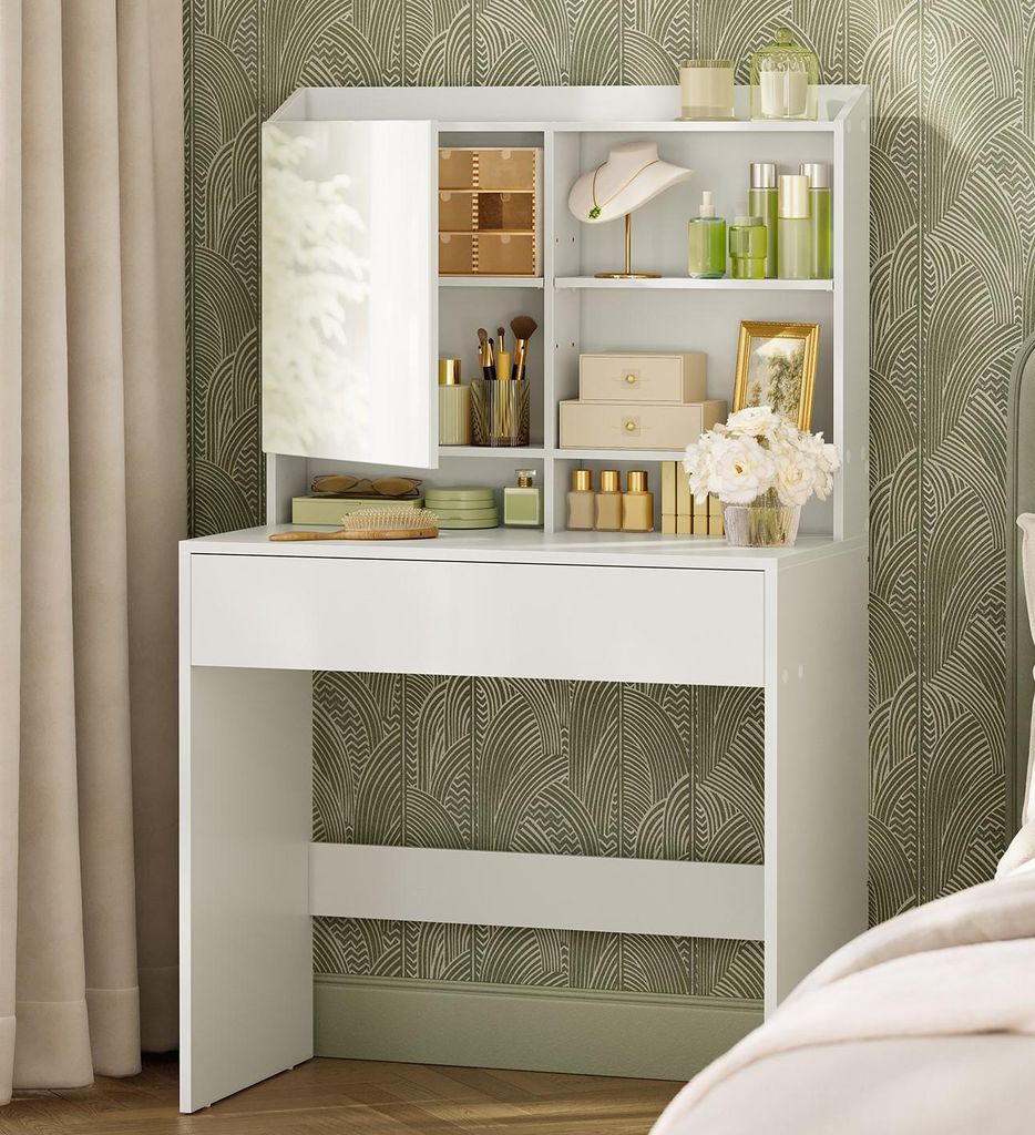 VASAGLE Schminktisch, mit Spiegel, verstellbare Ablagen, Breite 70 cm, weiß