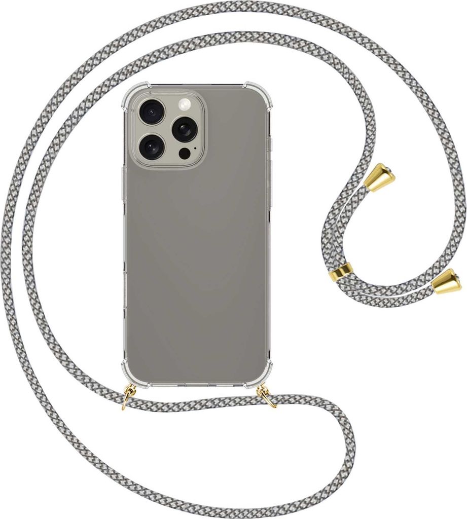 Handykette Backcover-Schutzhülle mit Band (Metall goldfarben) für iPhone 16 Pro Max - weiß/grau kariert